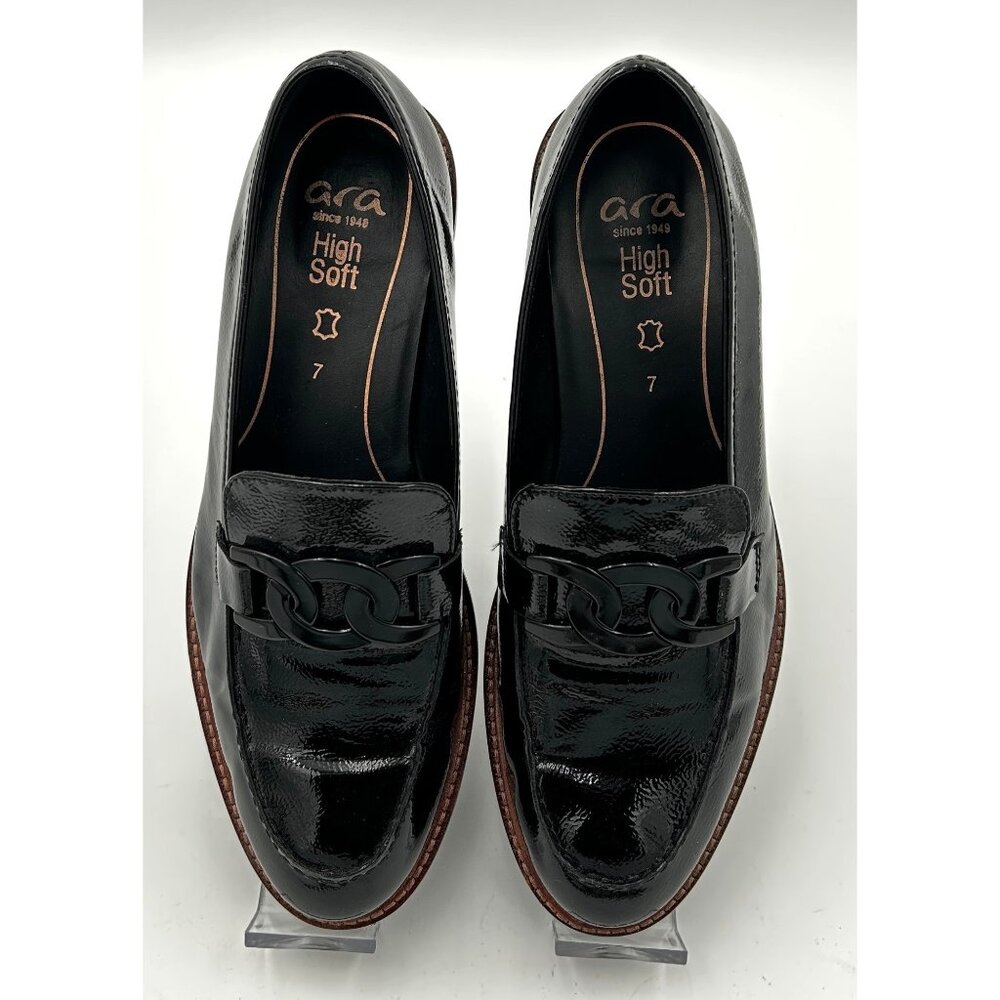 Ara HighSoft Womens Loafers Size 7 Black Patent Leather Chain Link Comfort Shoes